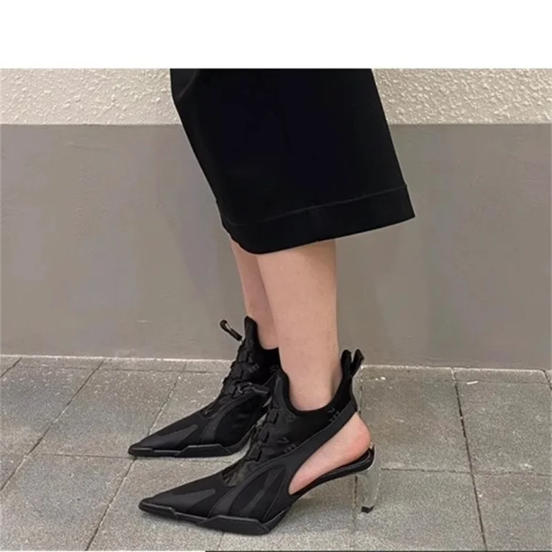 Black Elastic High Heels Women's Punk Style Knife Edge Sandals Combat Boots 2024 Spring New Pointed Toe Hollow Breathable Shoes