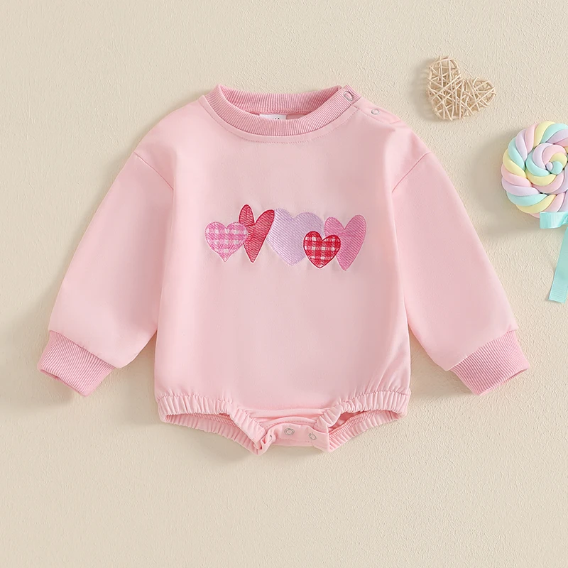 

Infant Baby Girls Sweatshirts Rompers Valentine's Day Clothes Heart Embroidered Long Sleeve Spring Bodysuits Jumpsuits