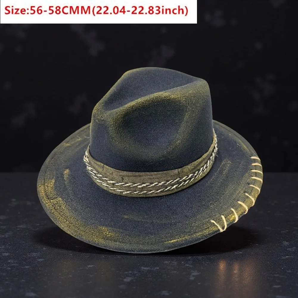 Retro Women Men Handmade Wide Brim Jazz Trilby Fedora Hat Lady Hand Drawn Cowboy Hat Adjustable Size