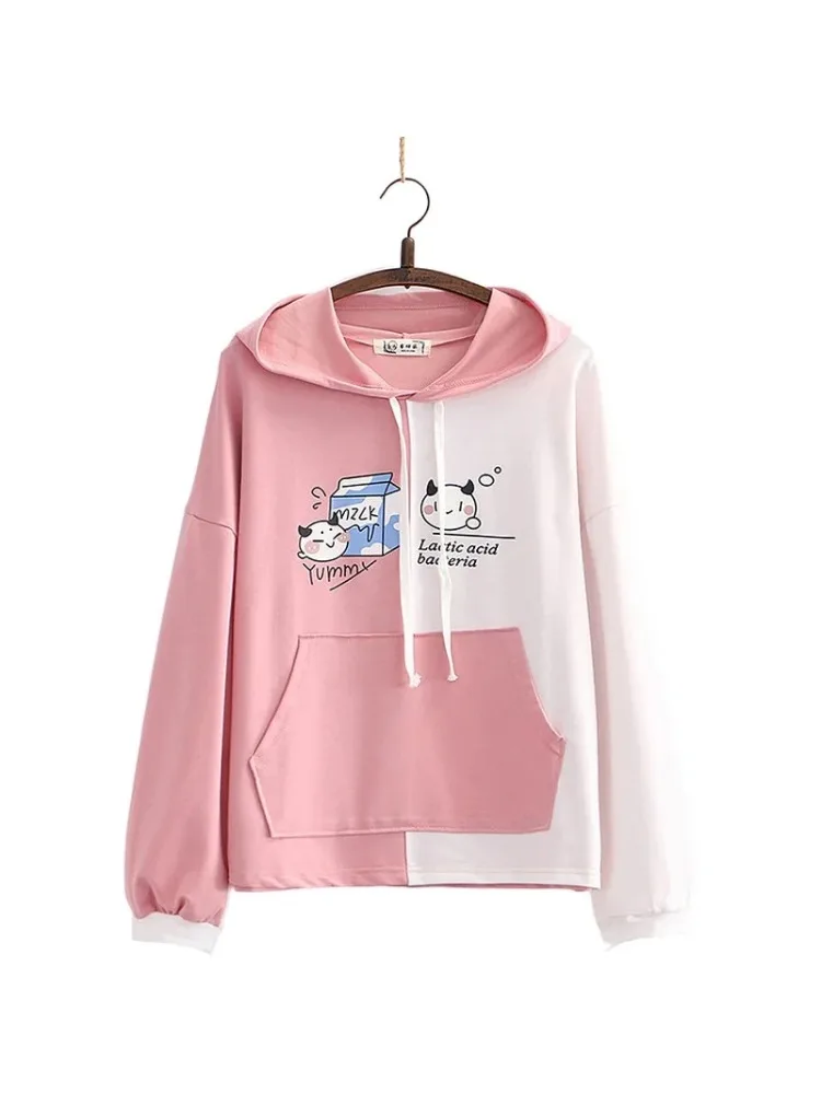 

Cartoon Print Patchwork Women Hooded Sweatshirt Drawstring Cotton Hoodies 2020 Autumn Winter New Harakuju Pullover Tracksuits