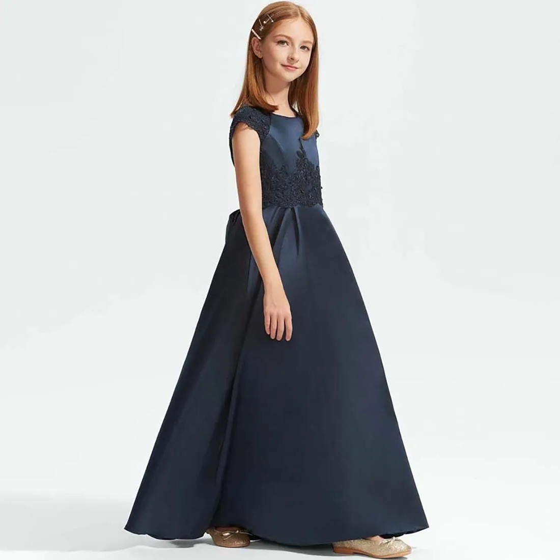 YZYmanualroom Lace Satin Junior Bridesmaid Dress With Beading Bow Sequins A-line Scoop Floor-Length 2-15T