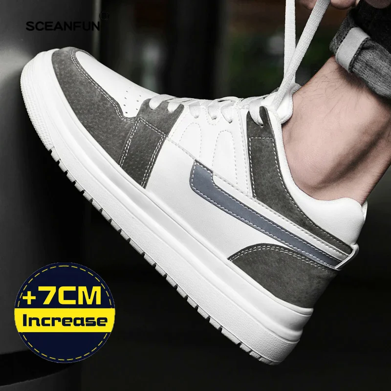 Zapatillas de deporte para hombre, zapatos con elevador, tacones ocultos, altura de elevación, zapatos de cuero genuino aumentada, plantillas de 7CM, aumento de altura deportiva para hombre