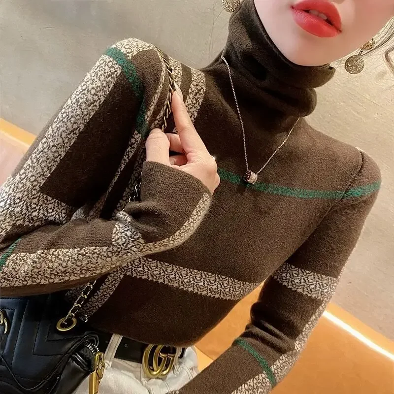 

Autumn Winter New Vintage Elegant Turtleneck Sweaters Geometric Jacquard Wool Knit Tops Women Fashion Chic Slim Pullovers