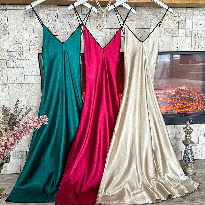 Sexy Suspender Long Nightgown Chemise Sleepwear Women Backless Nightdress Intimate Lingerie Summer Ice Silk Homewear Loungewear