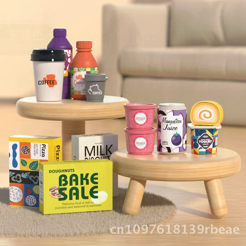 Children's Supermarket Toy Cashier Simulation Playset with Mini Food Scan Code Coffee Machine & Refrigerator for Boys & Girls