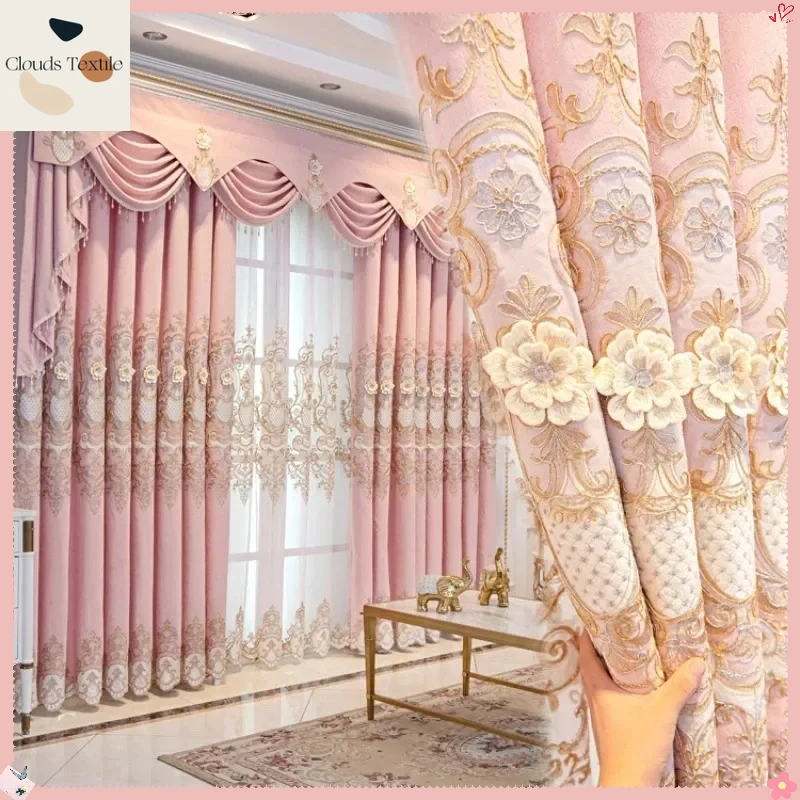 

European High-grade Luxury Pink Curtains for Living Dining Room Bedroom Window Blackout Chenille Curtains Customize
