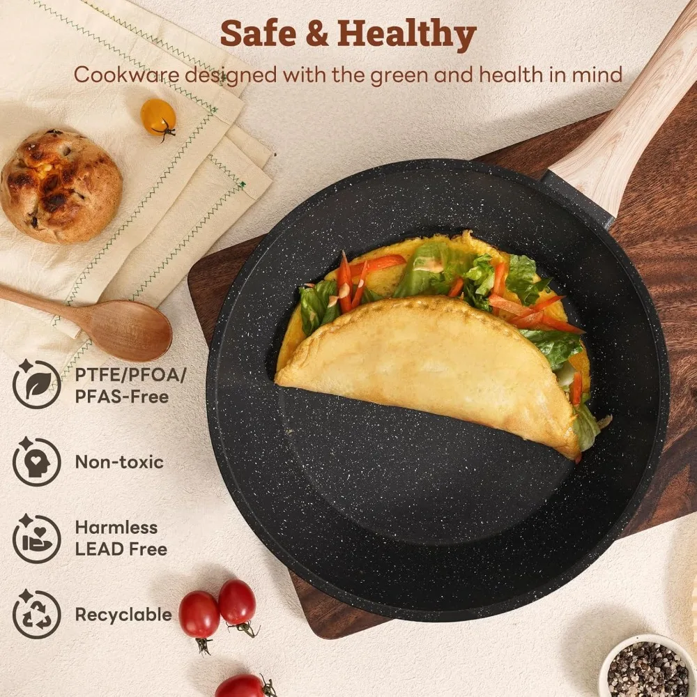 17 Pcs Pots and Pans Set Non Stick Kitchen Cookware Sets Nonstick Induction Cookware Non-toxic Black Granite Cooking Tools with