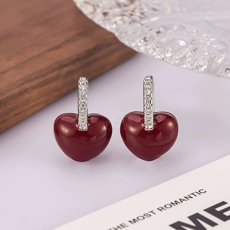 

New French style Red Heart-Shaped Earrings Exquisite Zircon Studded Earring for Chinese New Year Fashion 925 Silver Ear Buckle