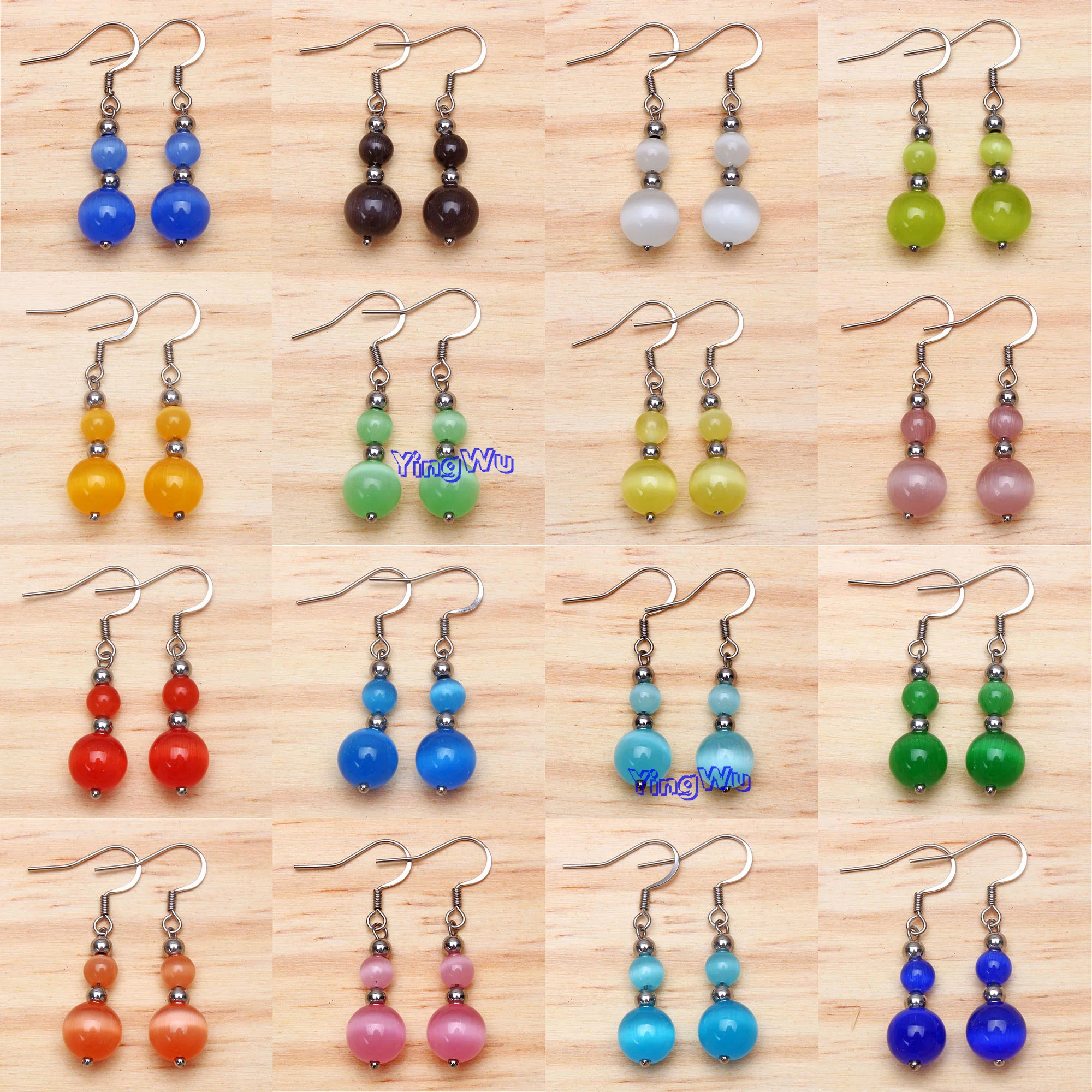 1Pairs 6mm 10mm Cat Eye Stone Beads Drop stainless steel hook Earrings For Women Jewelry