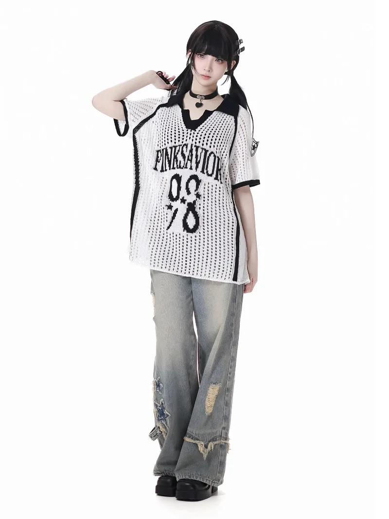 American Retro Jeans Washed Stars Thin Legs Waist Chain Original Design Trousers Women's Zipper High-waisted Denim Pants Clothes