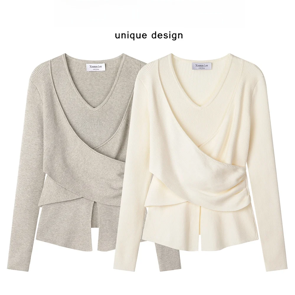 

Ele Ранняя осень, вязаный свитер с v-образным вырезом, повседневная утягивающая внутренняя одежда с разрезом на талии, искусственная двухсекционная одежда для поездок на работу Faion