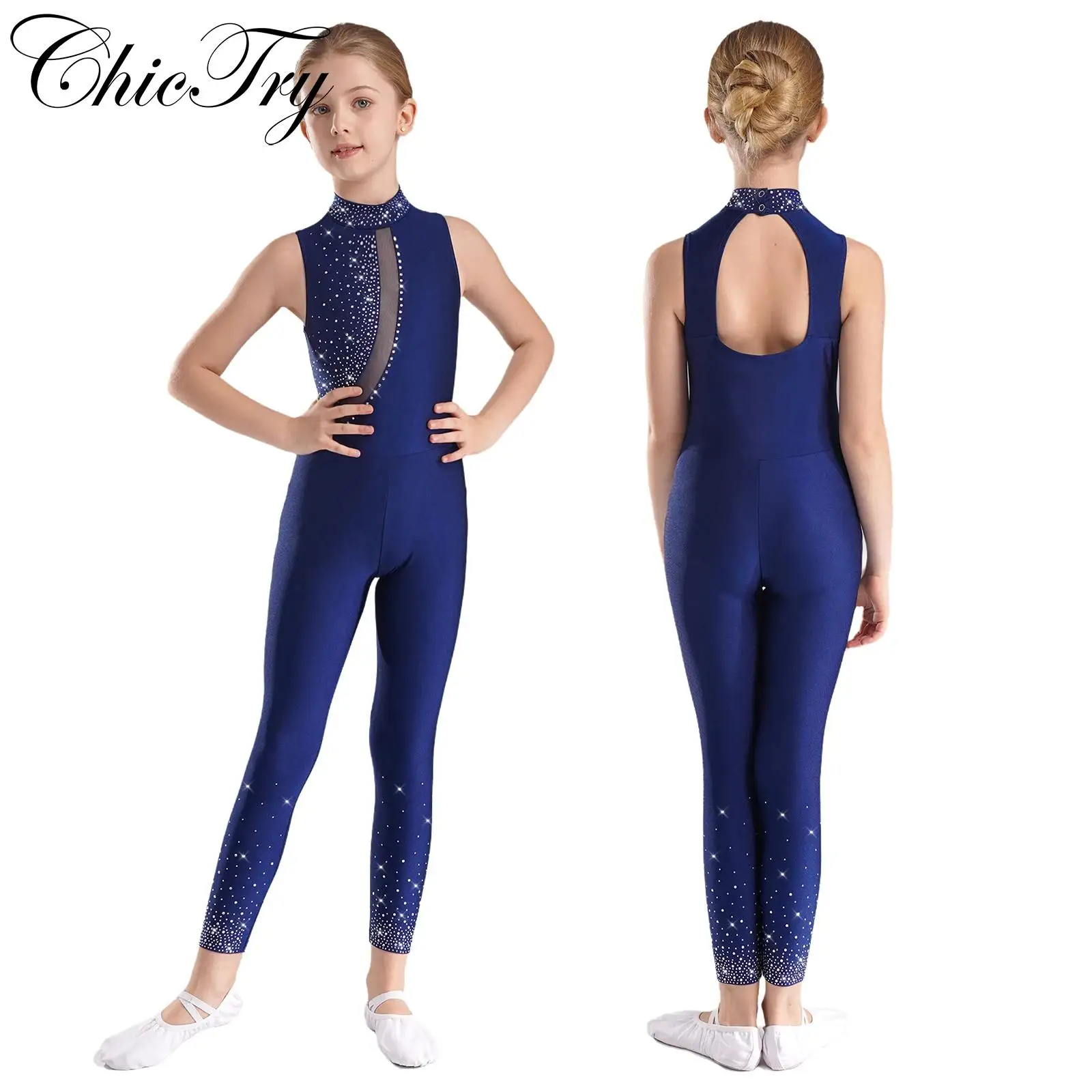 

Kids Girls Ballet Jumpsuit Rhinestones Sheer Mesh Sleeveless Lyrical Bodysuit for Figure Skating Gymnastics Dance Performance
