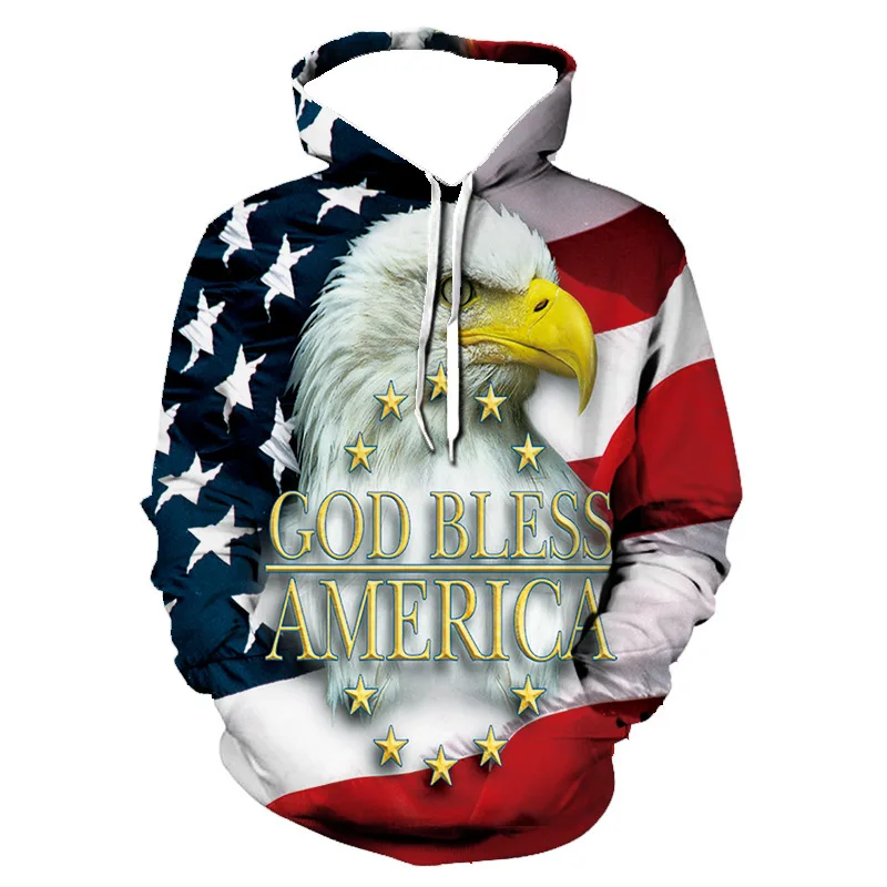 Men's Hooded Pullover Sweater Independence Day 3D Eagle Printing Youth Fashion Casual Hoodie Sweater