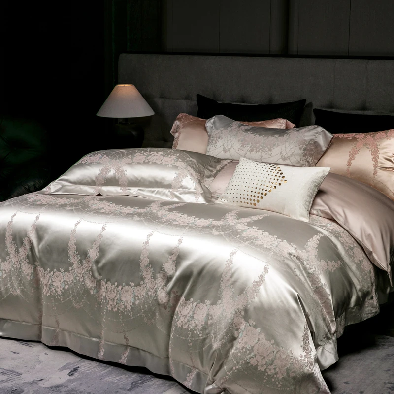 Luxury Shine Silk-like Softness Bedding Set Sateen Jacquard Egyptian Cotton Duvet Cover Bed Sheet Pillowcases Double Queen King