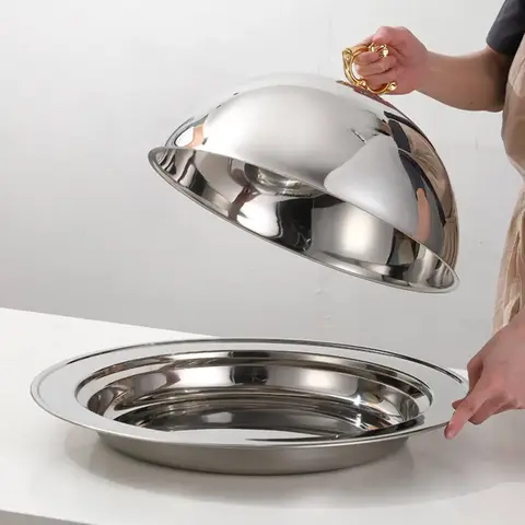 Stainless Steel Serving Platter with Lid High-End Steak Plate with Cover Cloche Food Cover Polished Finish for Hotel, Restaurant