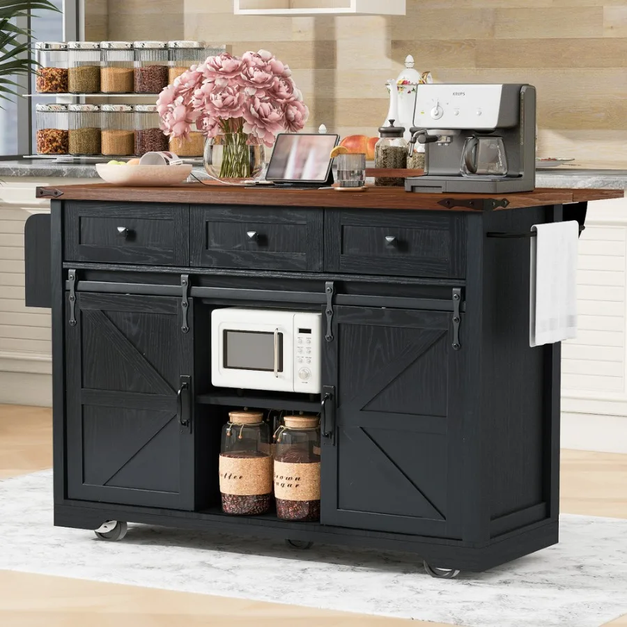 K&K 53.7 Farmhouse Kitchen Island with Power Outlet, 2 Sliding Barn Door Kitchen Storage Island with Drop Leaf, Spice R