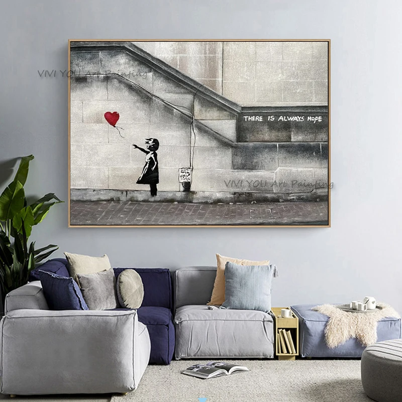 Handmade Banksy Style Street Oil Painting, Layered Palette Knife Balloon Girl Wide Canvas Modern Home Artwork