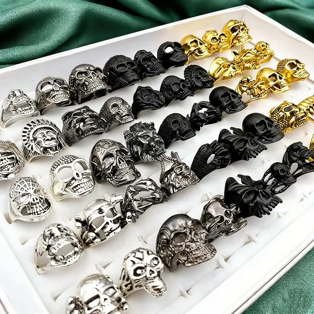 10/15/20/25/30Pieces Retro Gothic Punk Skull Rings Set For Men Women Mix Style Hip Hop Vintage Skeleton Jewelry Party Gits
