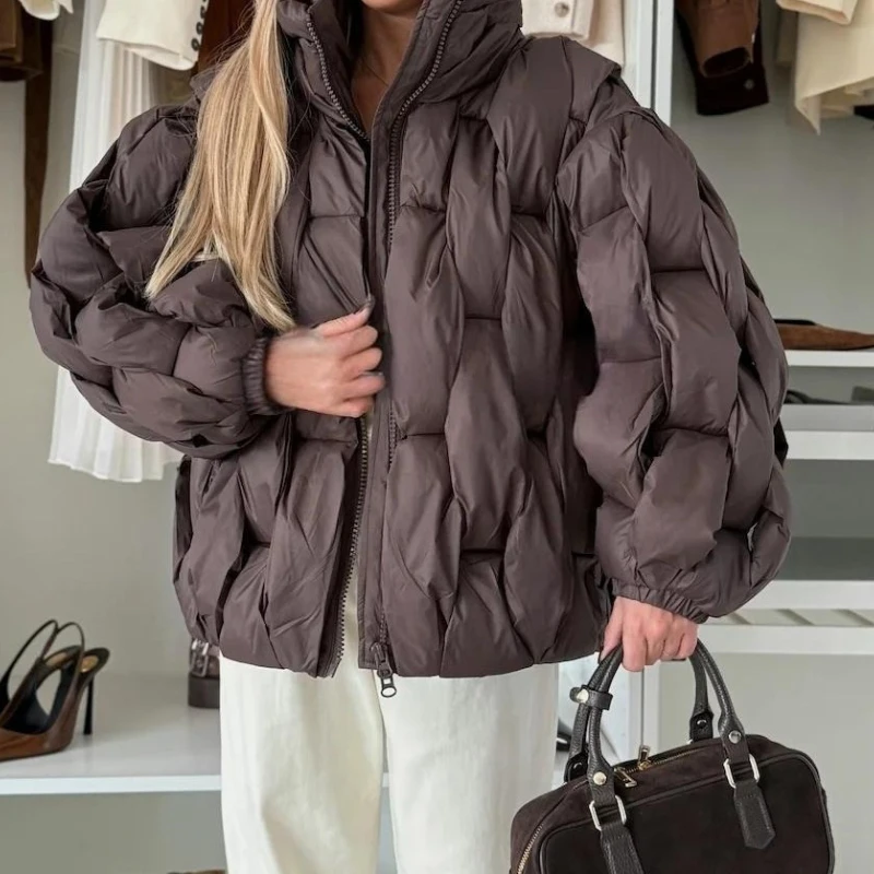 Cotton Quilted Check Female Jacket Long Sleeve Loose Stand Collar Fashion Outwear Solid Casual Street Outwear 2025 Autumn Winter