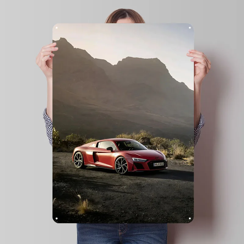 Red Audi R8 on Mountain Road Metal Signs Car Poster Garage Decoration Room Custom Tinplate Sign for Wall Art Decoration Retro