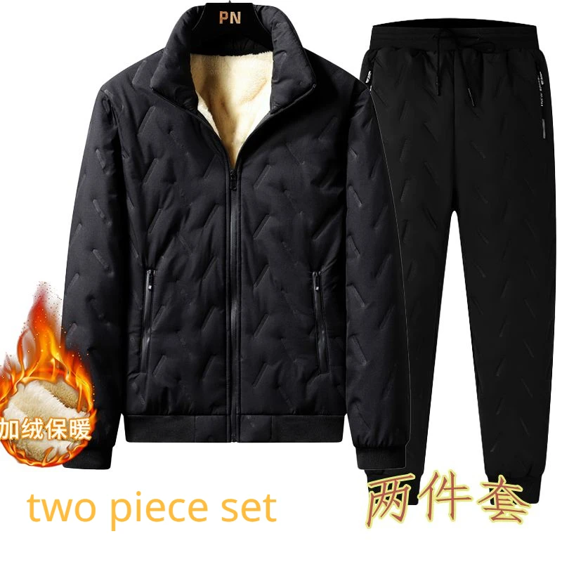 Mens Lamb Cashmere Parkas Sets Fleece Zipper Warm Thick Jackets+Sweatpants Casual Suits Fashion Embossed Windproof Thick 2 Piece