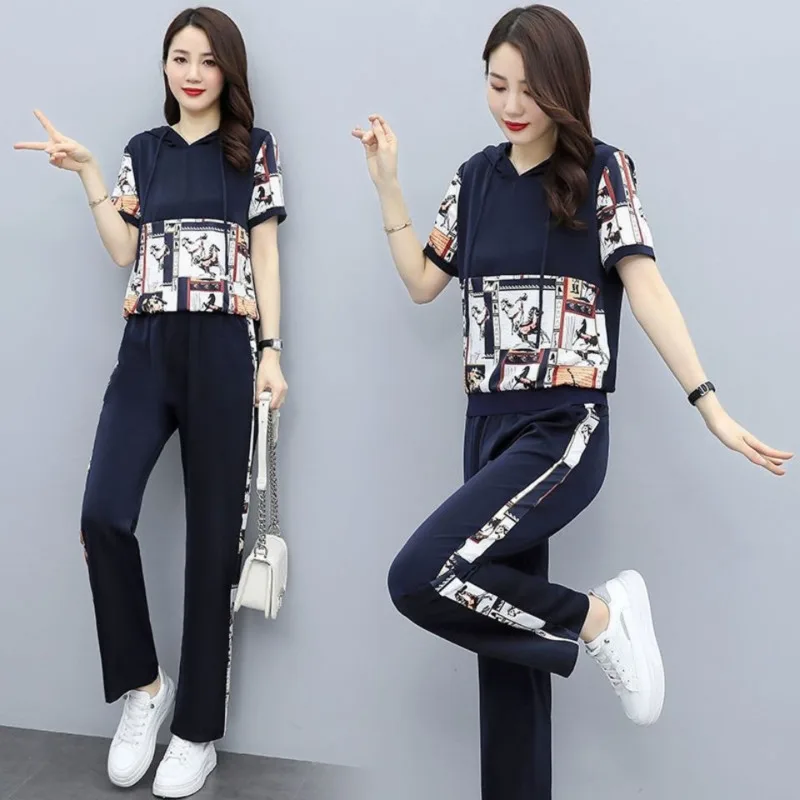 2024 Summer New Fashion Suit Female Korean Casual Loose Short Sleeve Hooded T-shirt Tops Straight Pants Two Piece Set For Women