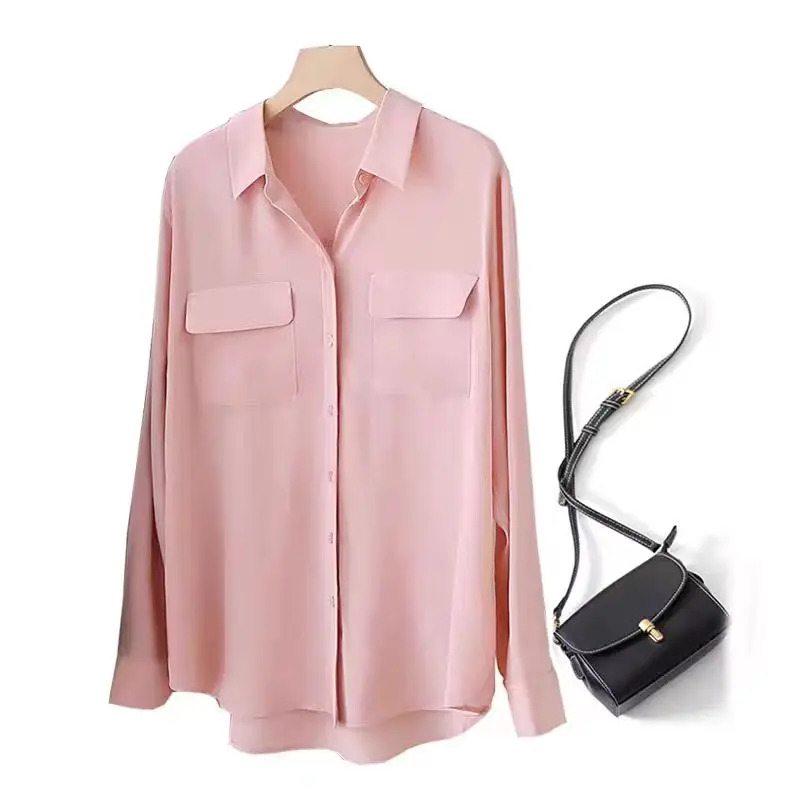 Ladies Pink Long-sleeved Shirts Spring and Autumn New Fashion Design Sense Loose Women\'s Temperament Blouse Casual Female Tops