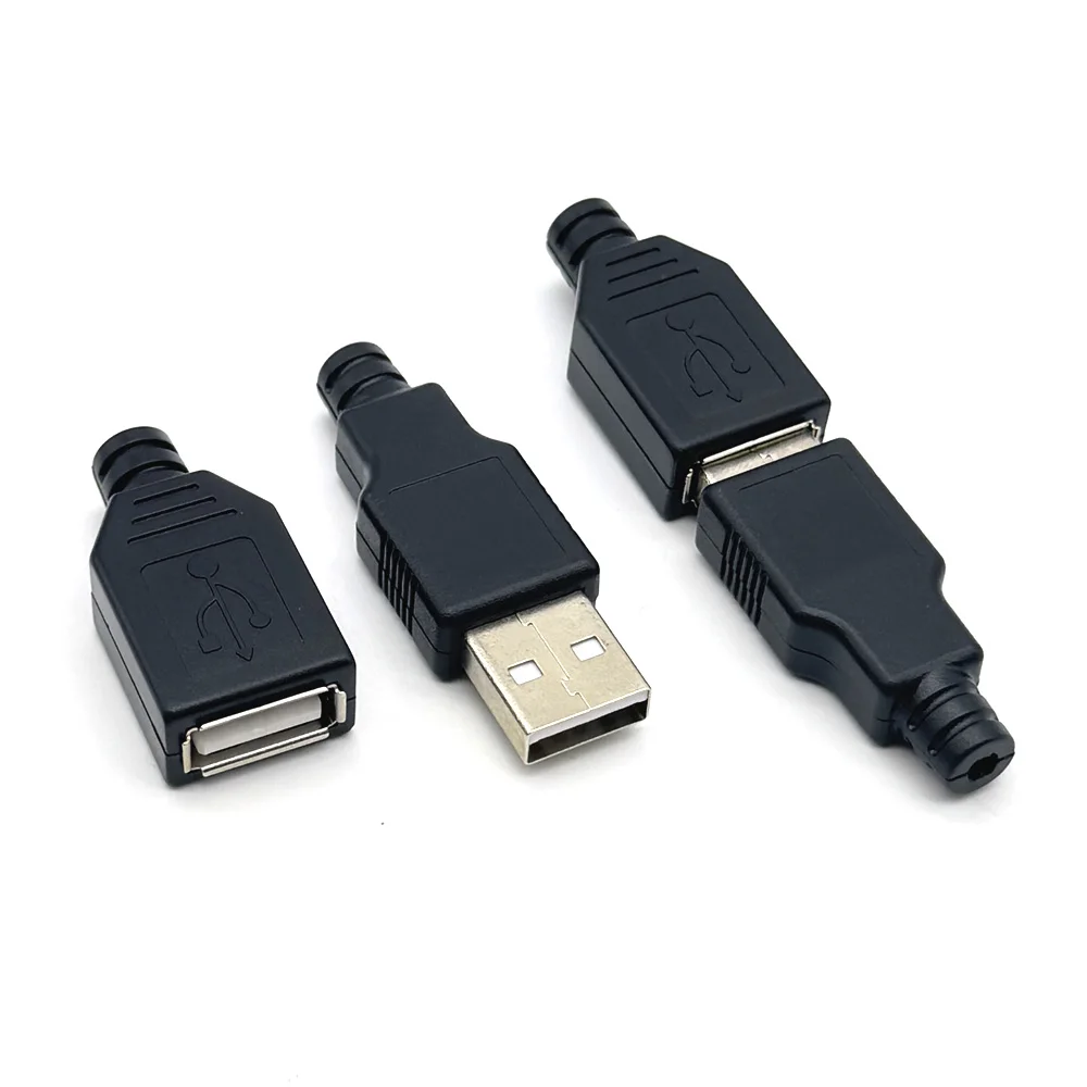 2A Type A Male Female USB 4 Pin Plug Socket Connector With Black Plastic Cover Type-A DIY Kits