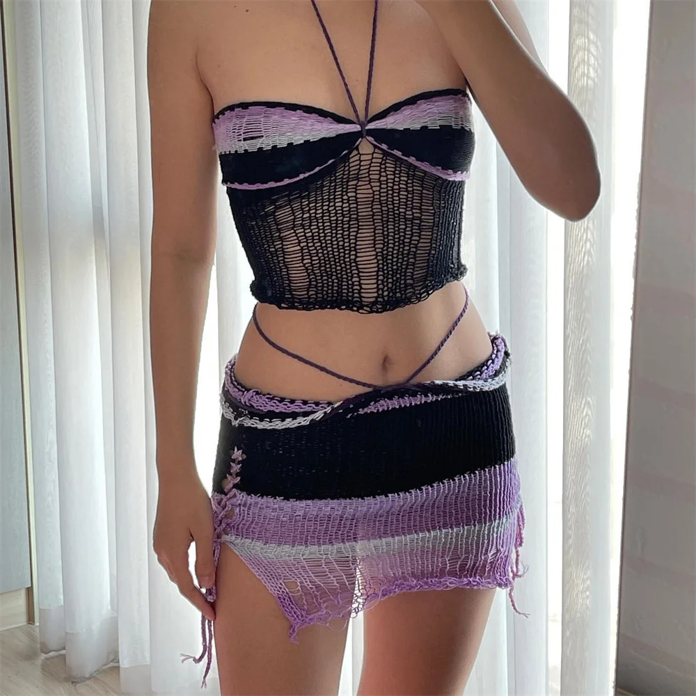 

Summer Casual Lace Up Knitted Two Piece Set Sexy Wrap Crop Top Mini Skirt Knit Matching Sets Women Outfit Yk2Two Piece Set