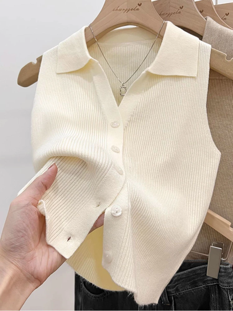 Solid Color Knitted for Women Cardigan Korean Single Breasted Sleeveless Jumper Woman Round Neck All Match Cardigans Outwear