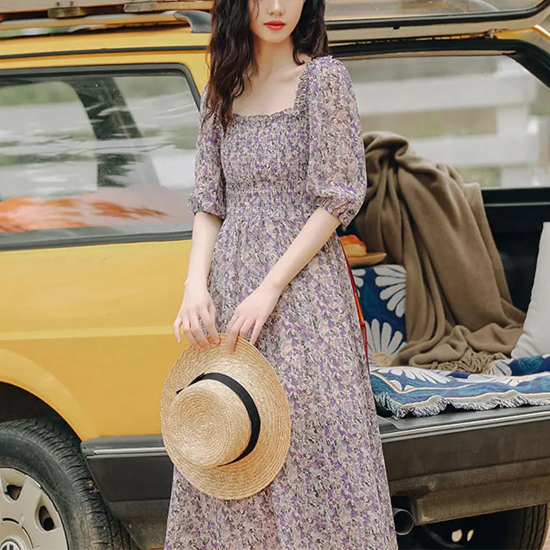 Women Square Collar Short Sleeve Floral Dress, Temperament Slim A-line Skirt, Summer Clothes, Monochromatic, Simplicity Fashion