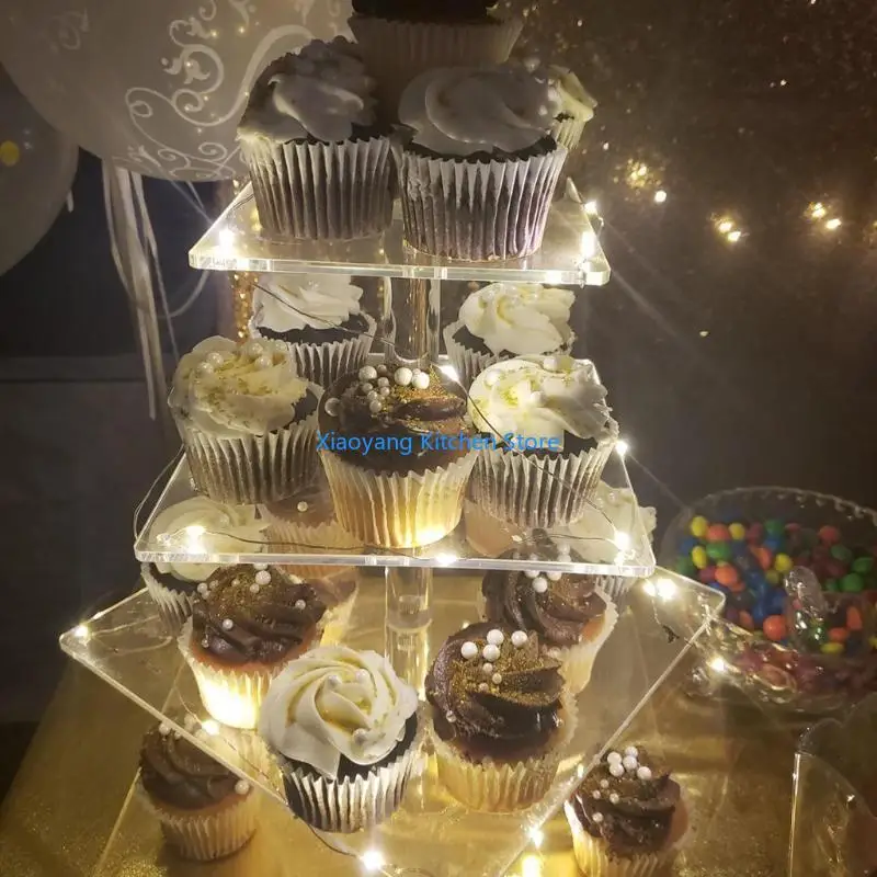 69HC 4-Tier Cake Plate Stand LED Light String Cupcake Holder Acrylic Cupcake Display Stand Holder Wedding Party Decor