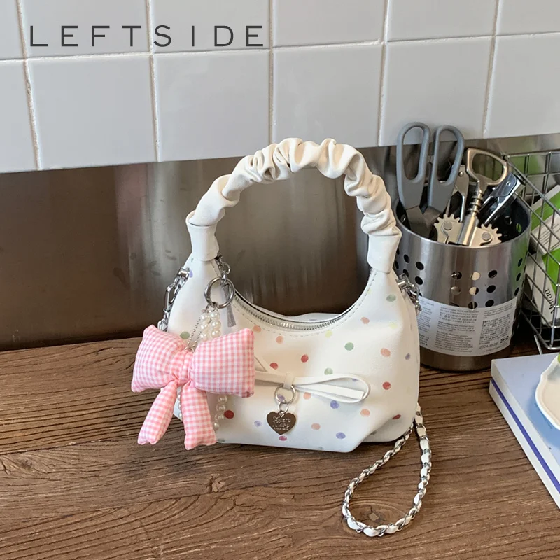 

Women Cute Colorful Polka Dot Hobo Bag Ruched Handle Small PU Leather Chain Crossbody Purse with Bow Charm 2026 New Handbags