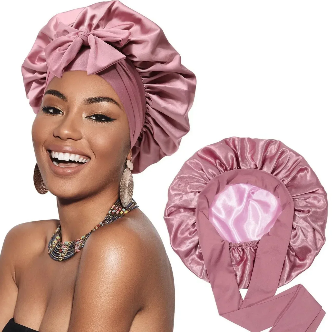 

Elastic double-layer women's satin nightcap, wide-brimmed large beauty hair care cap, double-sided streamer round hat.