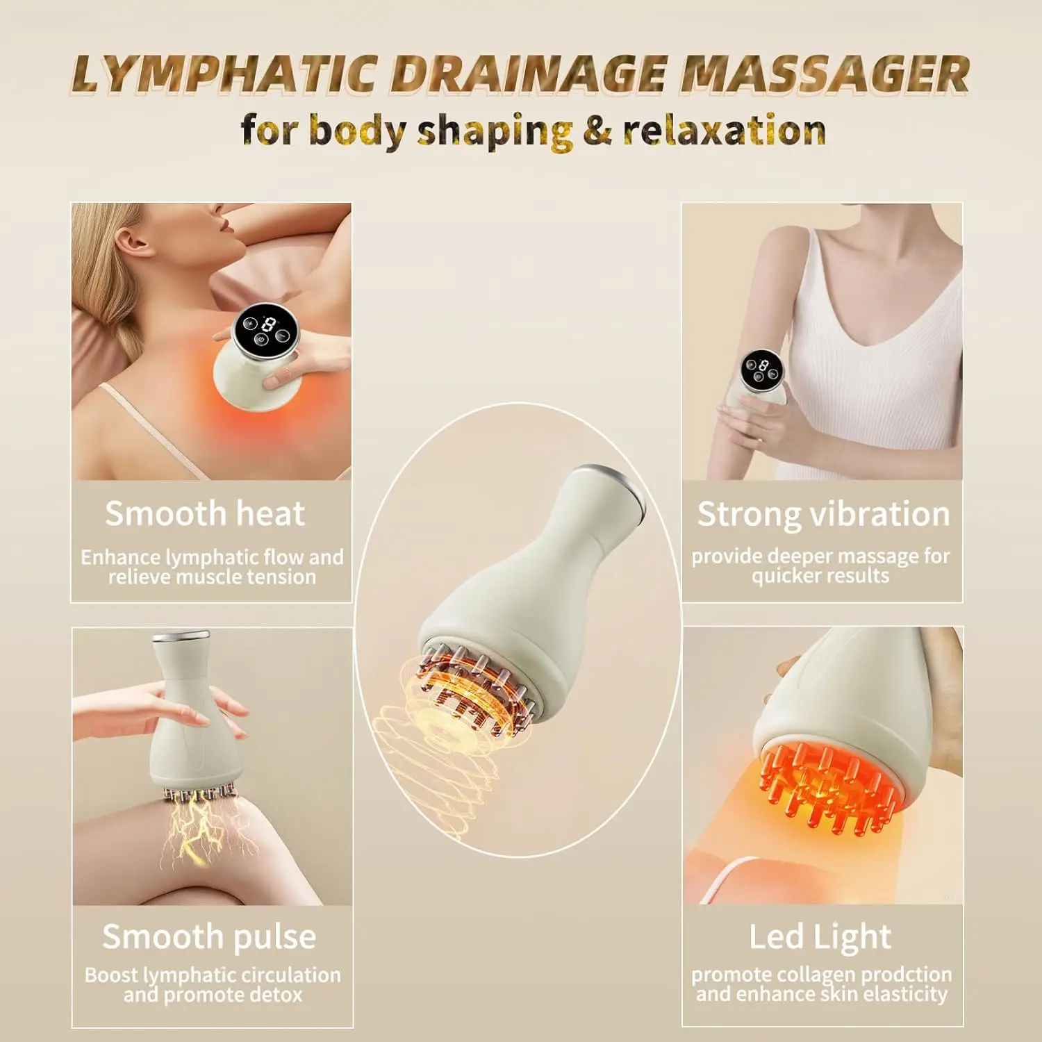 Lymphatic Massager, Anti Cellulite Massage Tool, Lymphatic Drainage Tool, with Soothing Pulse, Light, Heat and Vibration, Help R