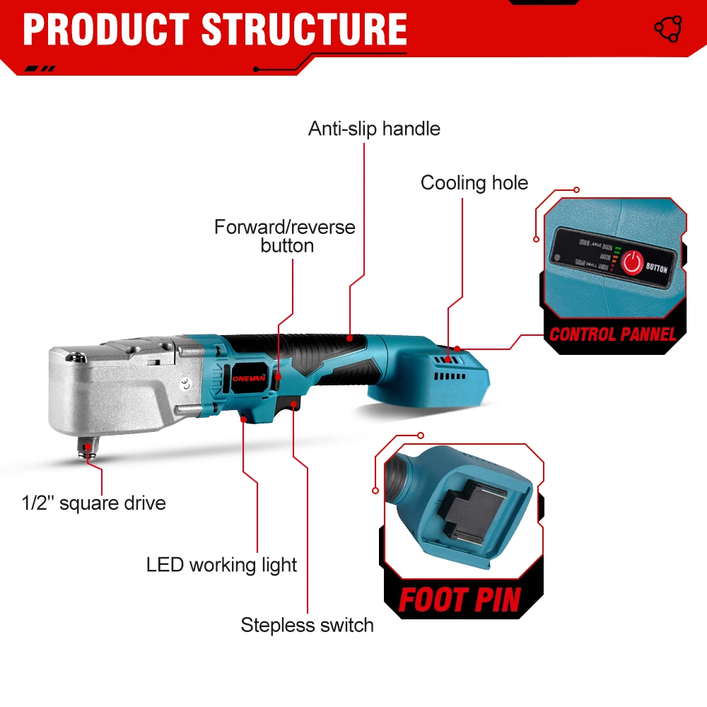 ONEVAN Brushless 1/2\'\' Electric Ratchet Wrench 1000NM 4800RPM Removal Screw Nut Car Repair Power Tool for Makita 18V Battery