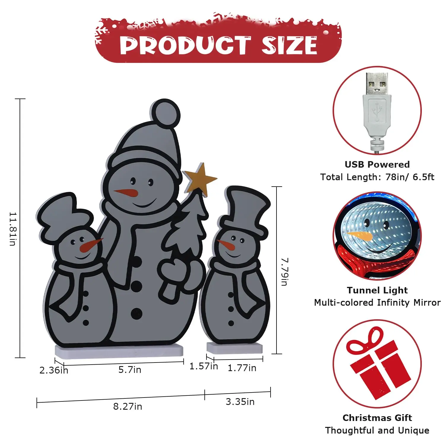 Christmas 2PCS Snowman 3D Infinity Mirror Tunnel Light Wall Decor for Christmas Party Bedroom Business Store Window Home