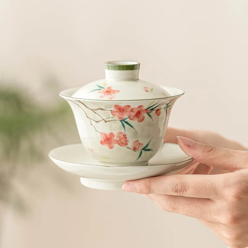 رسمت باليد زهر الخوخ ثلاثة المواهب Gaiwan فنجان شاي واحد الراقية طقم شاي الكونغ فو الصينية شاي سيراميك بروير وعاء للشرب #2
