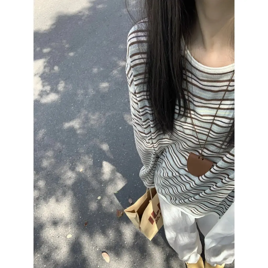 

Women's Summer Contrast Striped Sunscreen Blouse Ice Silk Loose Long-Sleeved T-Shirt Thin Lazy Style Top New