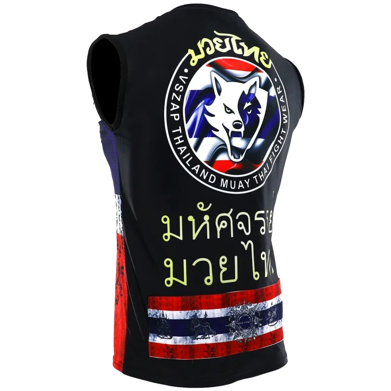 Vszap Thailand Tiger t-shirt Muay Thai bez rękawów Stretch szybkoschnący kamizelka treningowa męska walka Fitness taktyka MMA