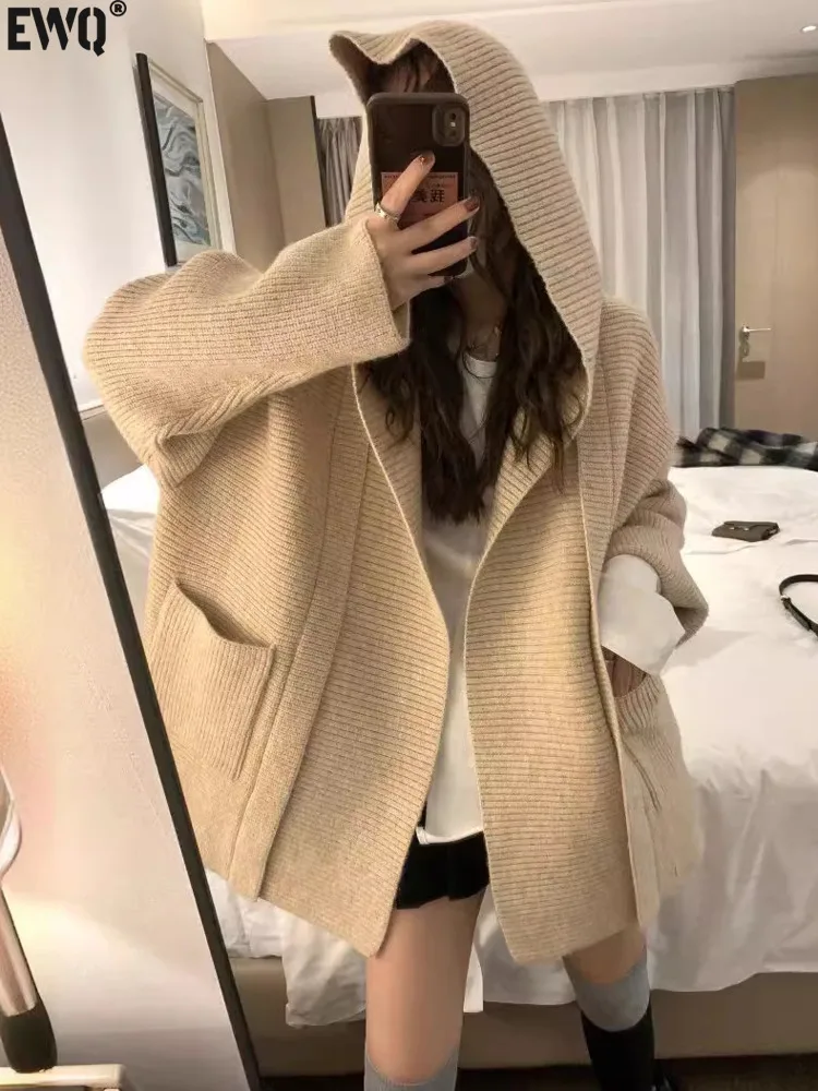 

[EWQ] Long Sleeve Hooded Thick Loose Pocket Big Size Knit Sweater Solid All-match Women Sweater Coats 2024 Autumn New 16O1739