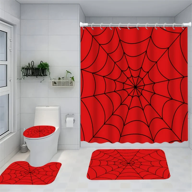

Комплект занавесок для душа с дизайном «Паутина» с нескользящими ковриками, крышкой для унитаза, ковриком для ванной и 12 крючками — водостойкая полиэстеровая ванна.
