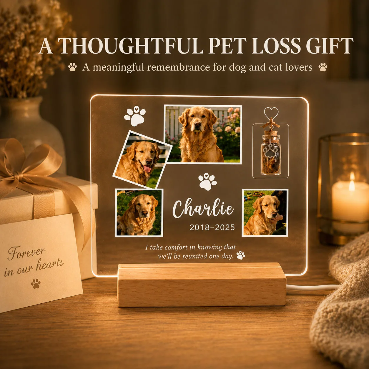 Custom Pet Memorial Night Light with Photo Acrylic Remembrance Plaque Keepsake Jar Wooden Base Dog Cat Loss Memorial Gift