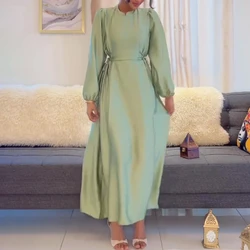Women Casual Lantern Long Sleeve Solid Party Dress Fashion Lace-up Waist Maxi Dress Elegant Round Neck Solid Satin Long Dresses