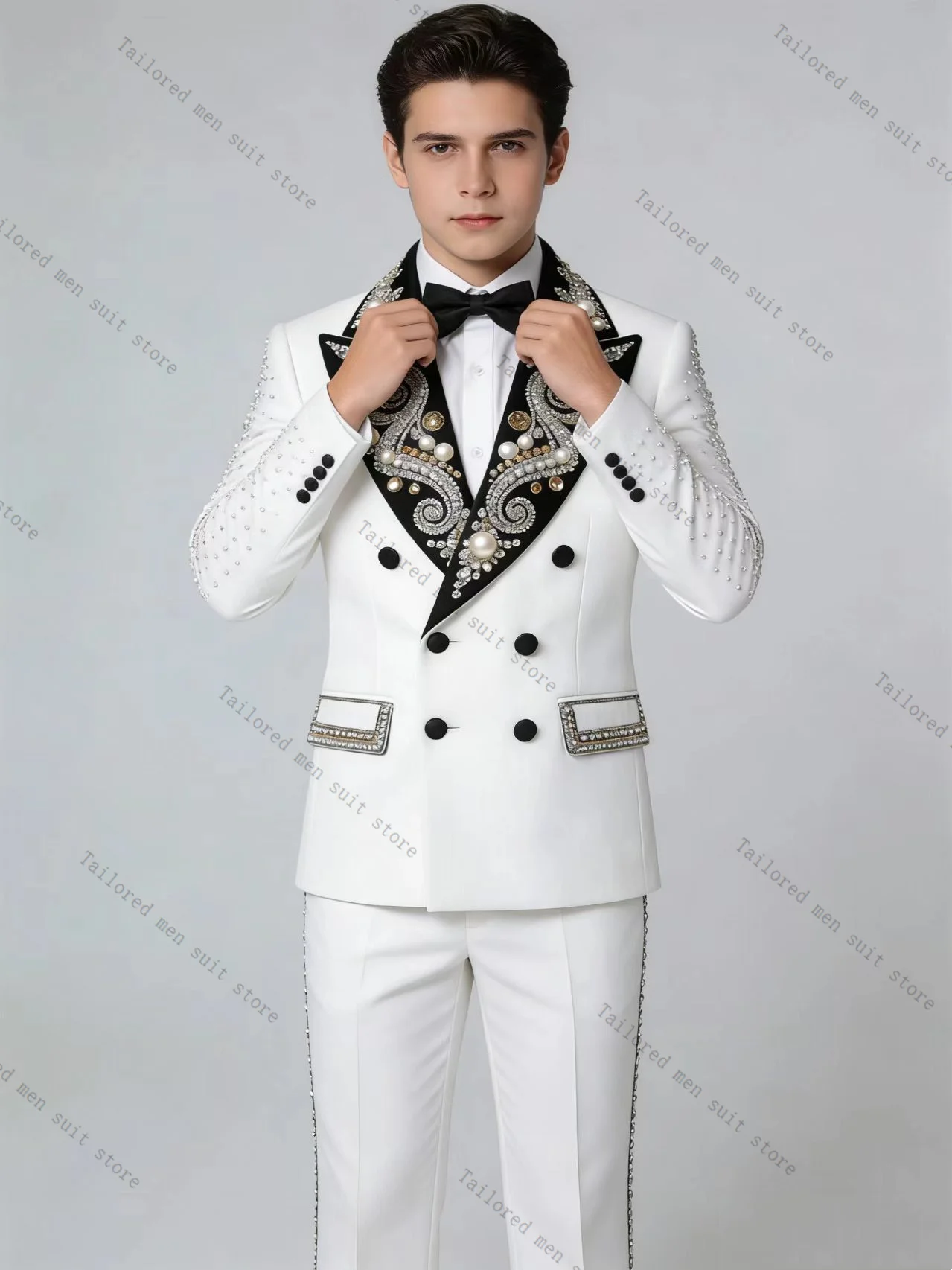 

Luxury White Crystals Men Suits Pants Set 2 Pcs Blazer+Trousers Groom Wedding Tuxedos Jacket Formal Office Business Coat Outfit