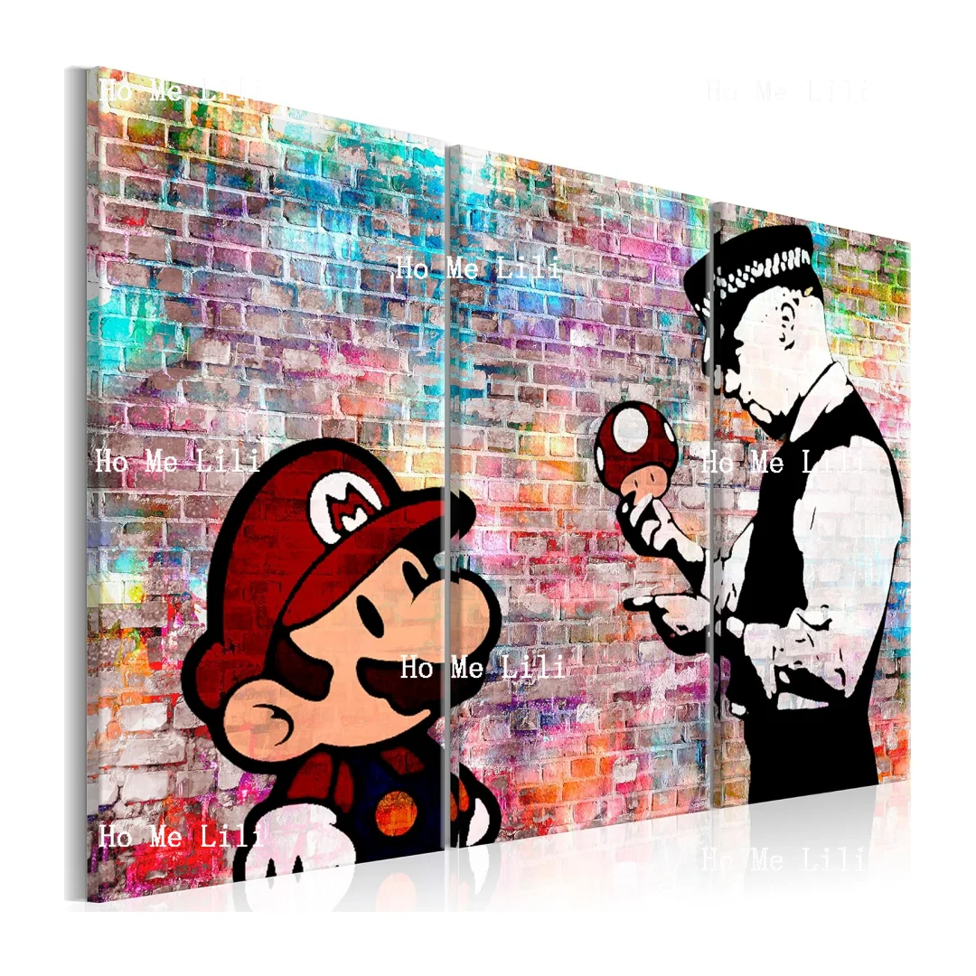 Artgeist Textured Canvas Wall Art Banksy Super Mushroom Cop 3pcs Painting Canvas Prints