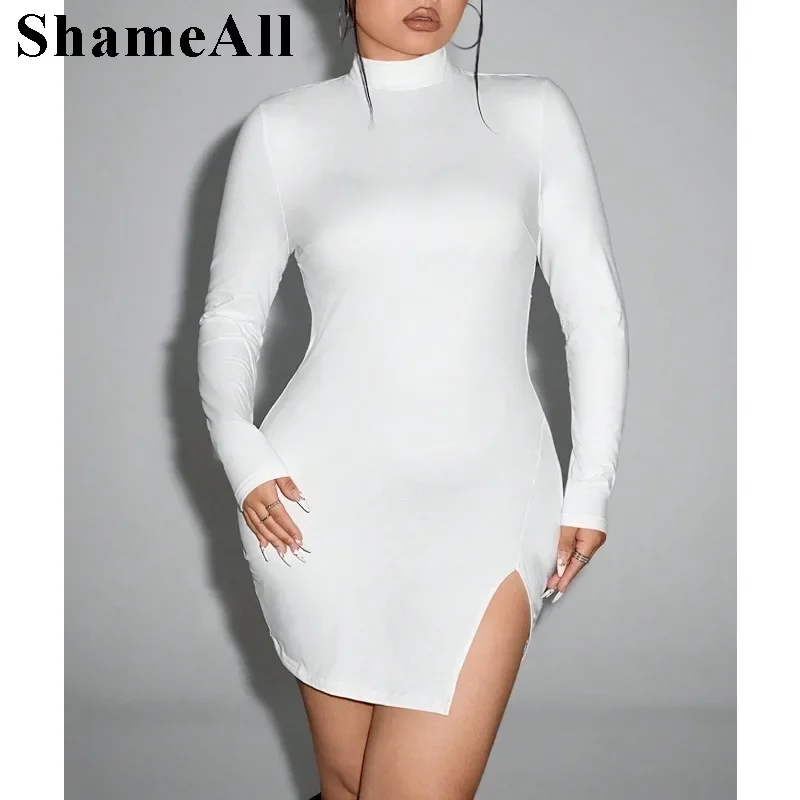 Feminino plus size cor sólida manga longa simples cabido vestido curto gola alta cor sólida sexy recorte volta saia