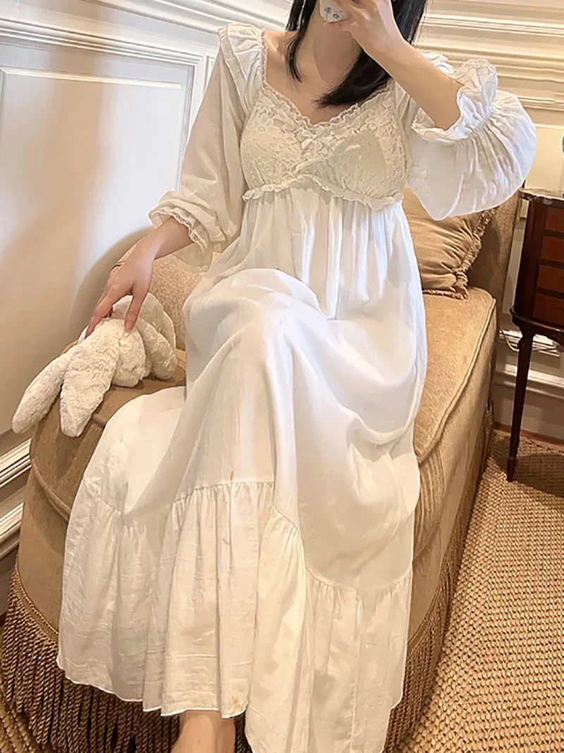 Women Pure Cotton Layer Gauze Lace Ruffles Vintage Night Gown Robe Long Dress Victorian Princess Sleepwear Nightdress Homewear