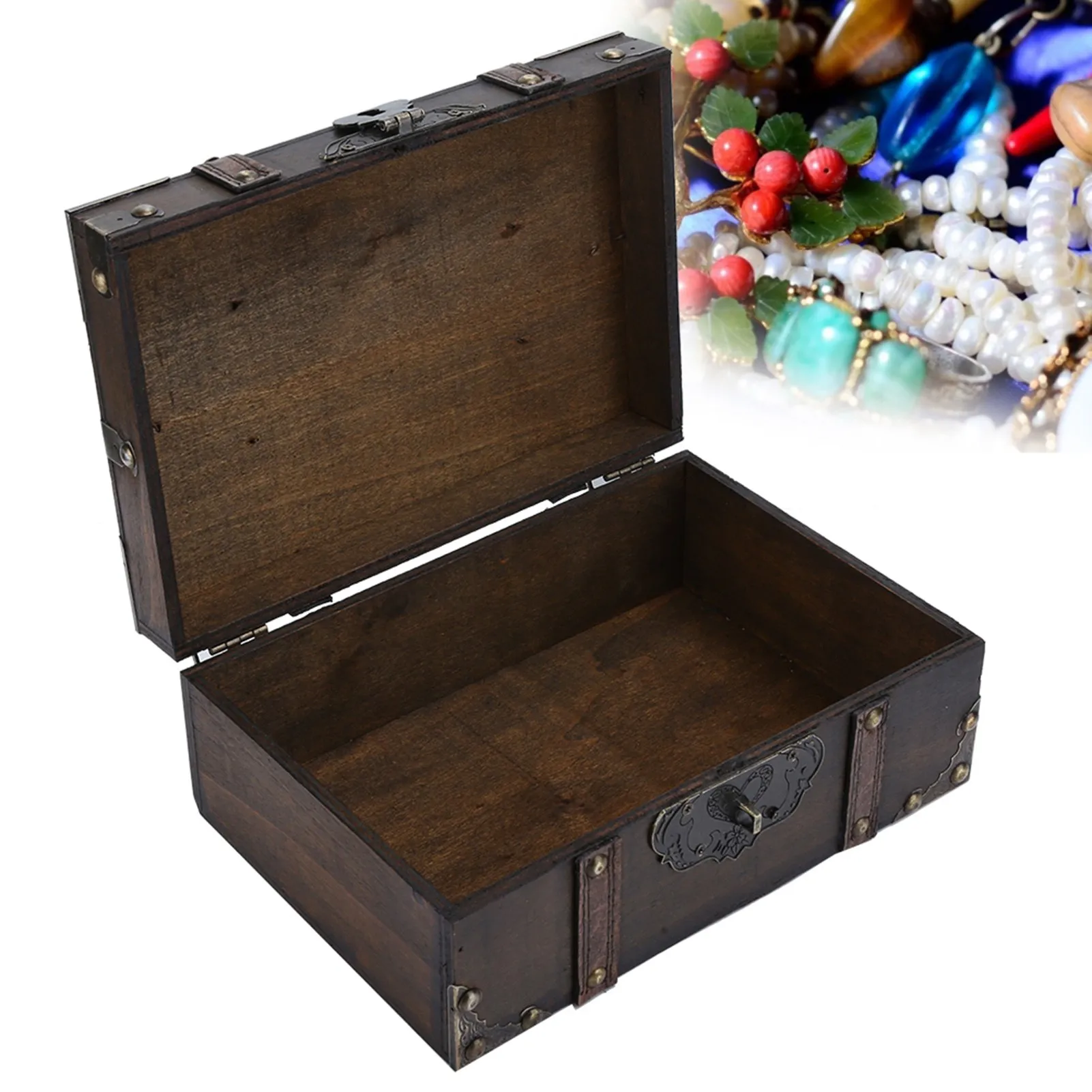 Vintage Wooden Storage Box Decorative Treasure Jewelry Chest with Lock Home Decoration Vintage Wooden Jewelry Box Treasure Chest