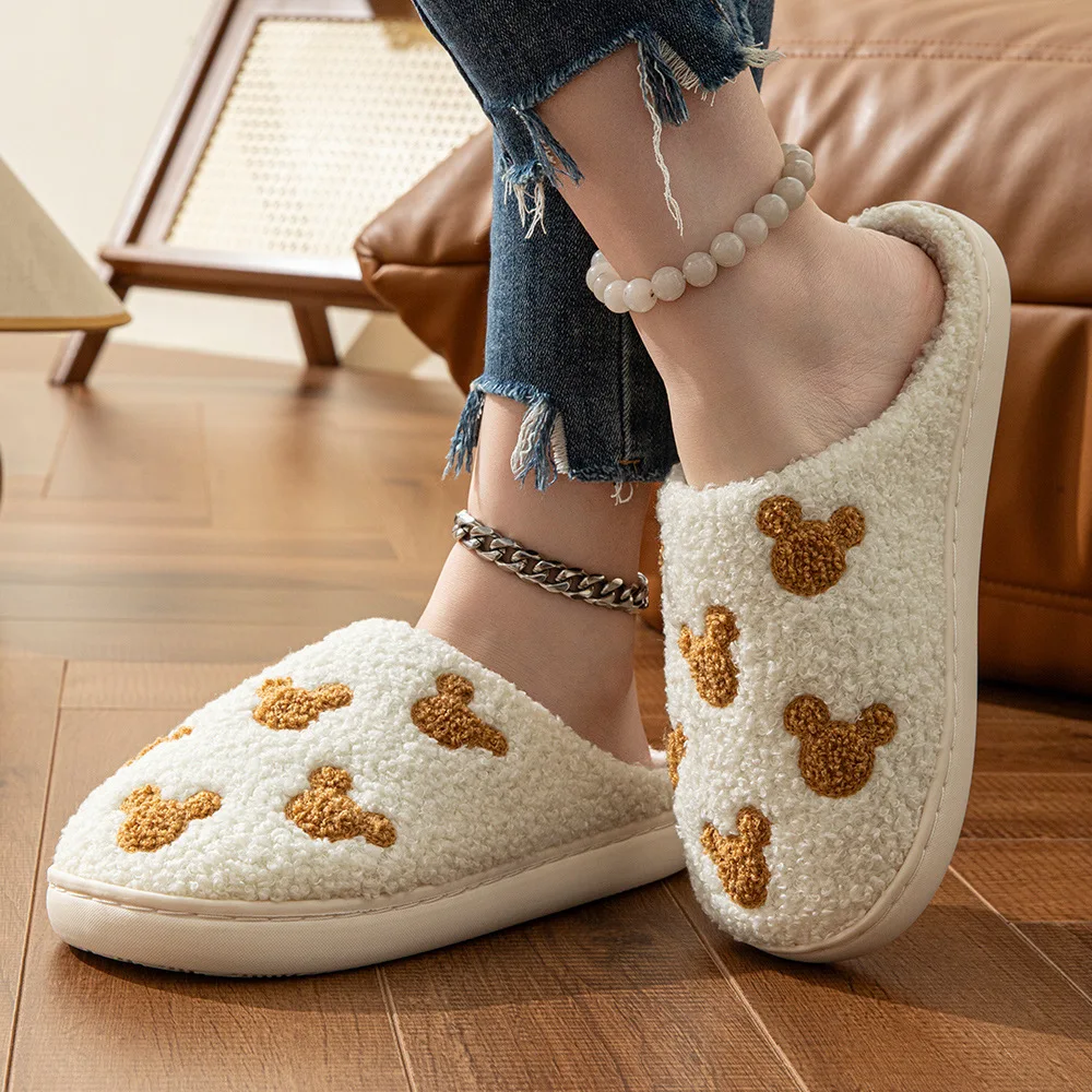 Ladies' Embroidered Teddy Bear Slippers for Autumn Winter Comfortable Warm Non-Slip Home Slippers